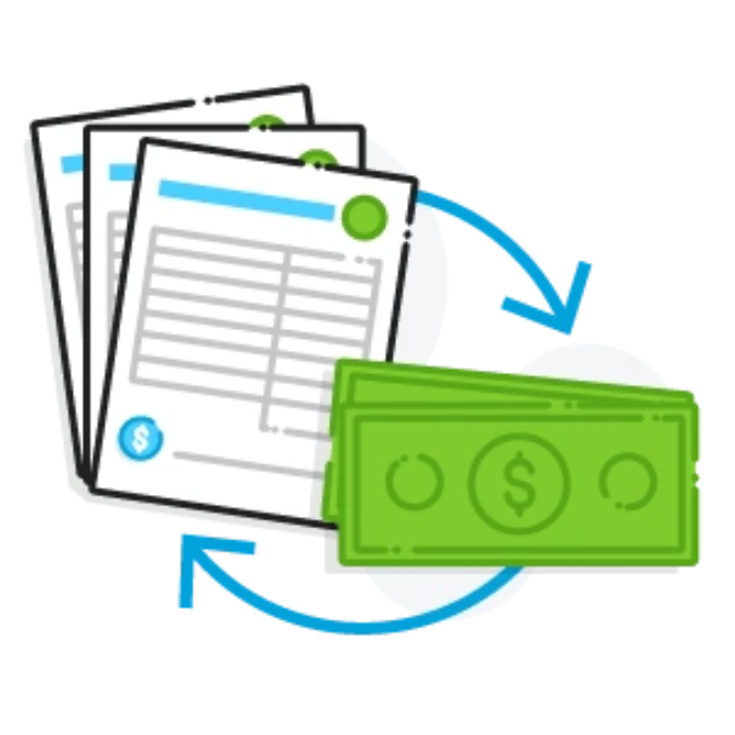 graphic of three invoices and two dollar bills with circular arrows between them