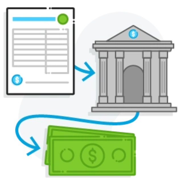 Diagram showing invoice icon with arrow to bank icon with arrow to dollar bills icon
