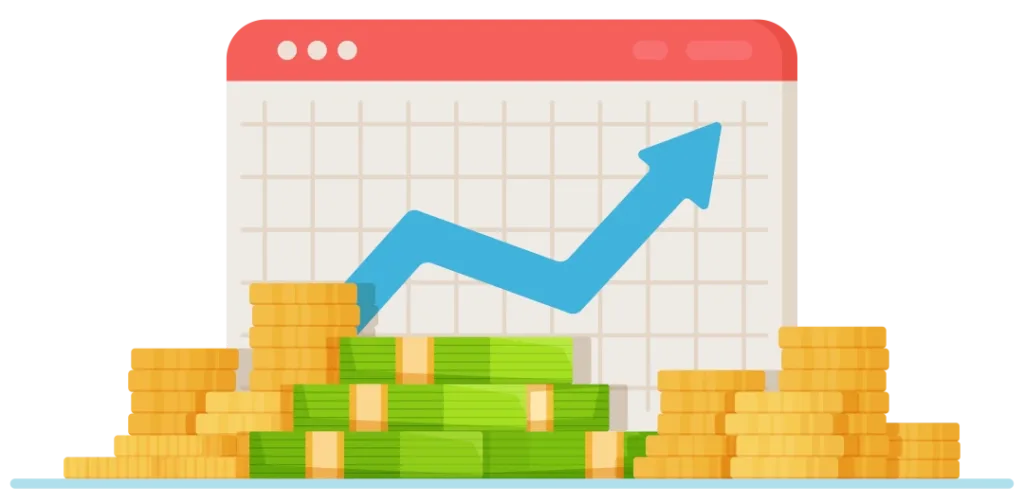 Climbing graph with money showing an increase.